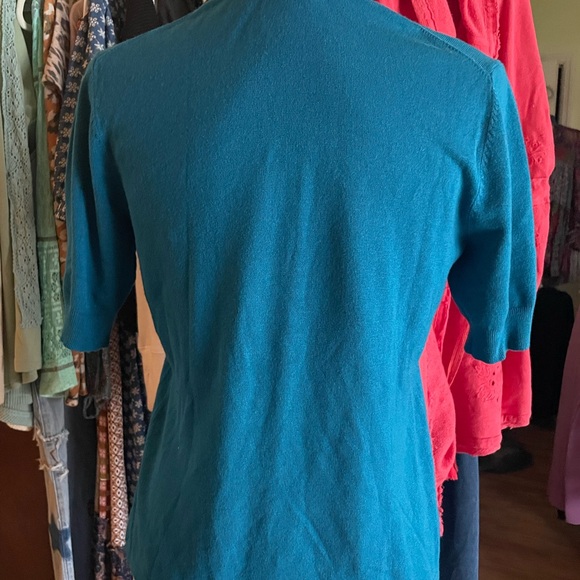 Coldwater Creek Teal Blue Mock Neck Short Sleeve Lightweight Sweater Size M - Picture 2 of 7